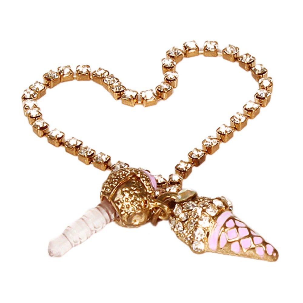 Gold heart-shaped chain with sparkling rhinestones featuring a colorful ice cream cone charm and a strawberry charm.