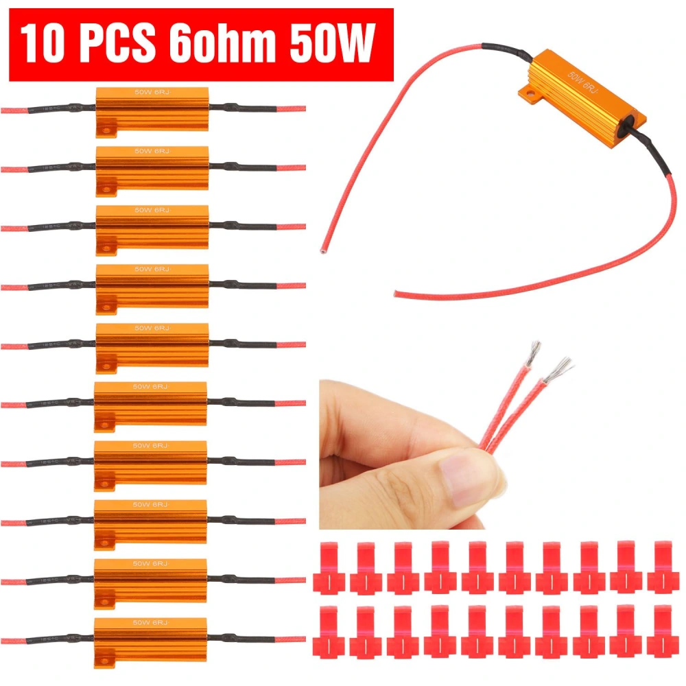 Set of 10 orange 50W 6-ohm resistors with connecting wires, ideal for DIY electronics projects and circuit building, featuring easy-to-handle connectors.