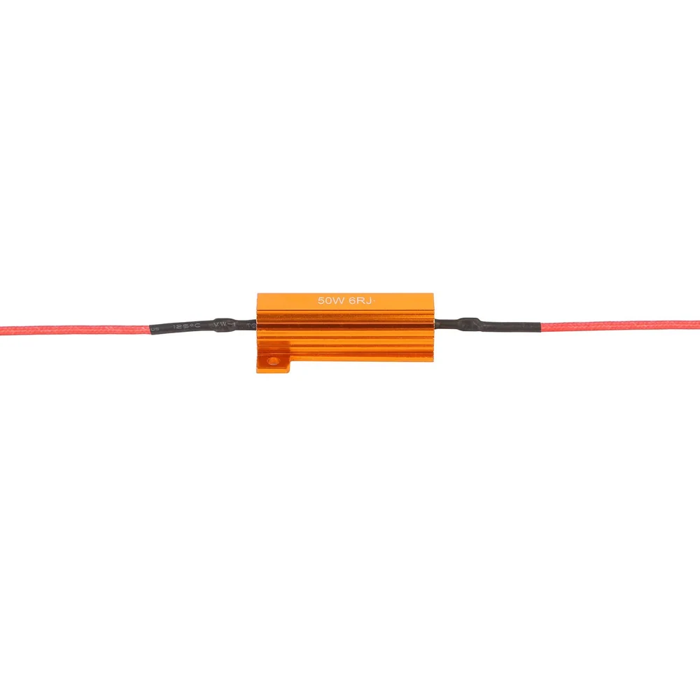 Aluminum heat sink resistor with 50W 6R8J rating and red wire leads for electrical applications.