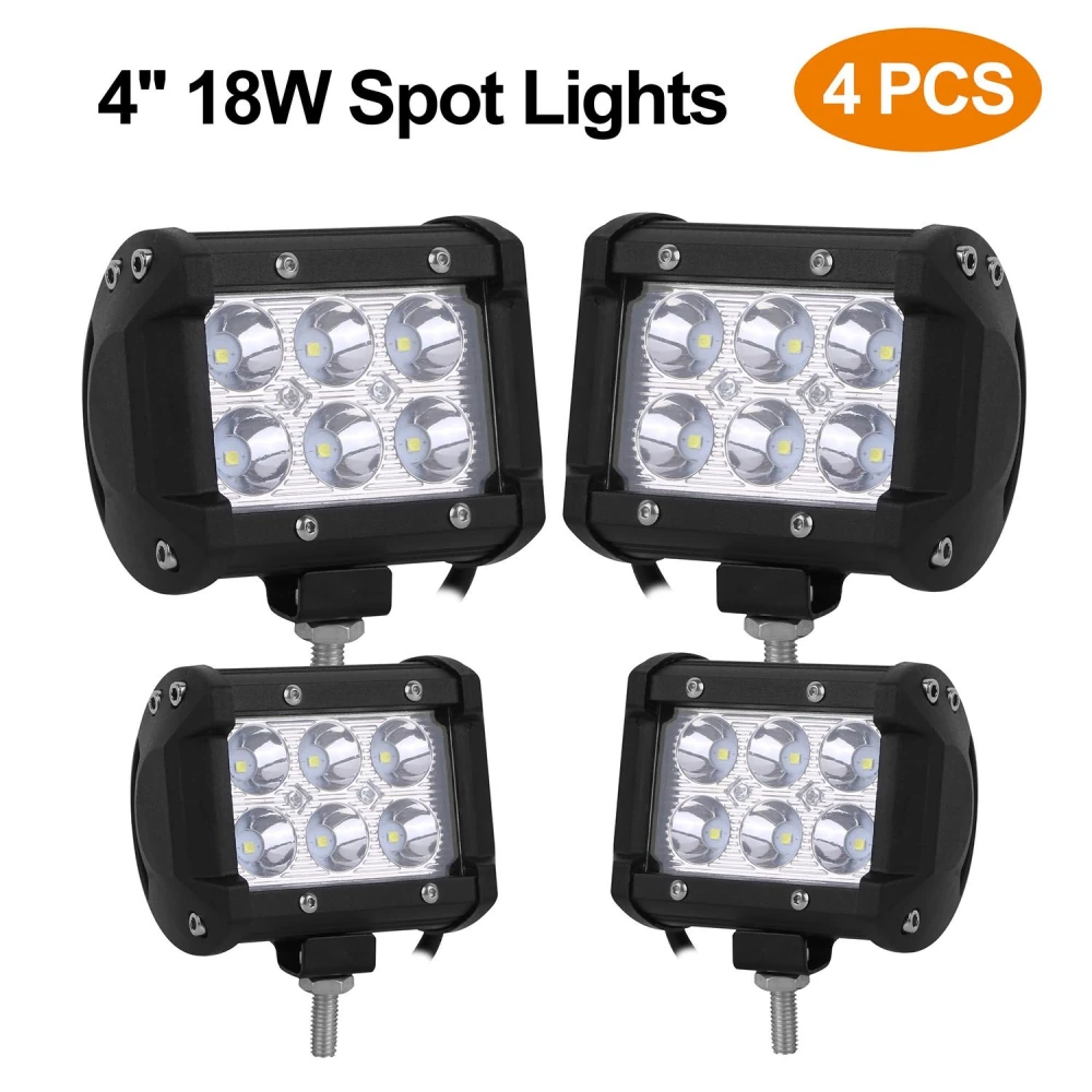 Four-pack of 4-inch 18W LED spot lights featuring a robust black housing and multiple bright, efficient bulbs for optimal illumination.