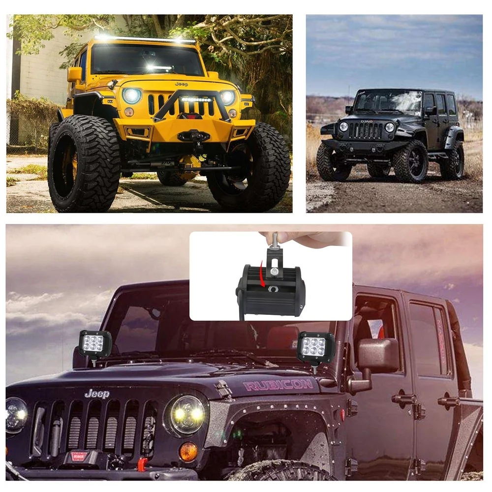 Jeep Wrangler with bright LED off-road lights, showcasing a rugged yellow model in an outdoor setting, a black model on rough terrain, and a close-up of the light installation process.