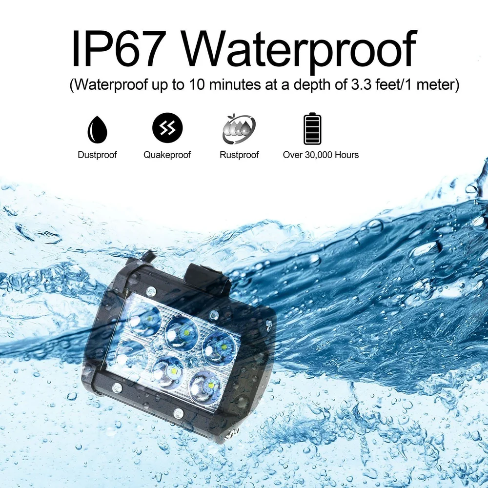 IP67 Waterproof LED light, featuring six bright bulbs, designed for underwater use up to 3.3 feet, with protection against dust, rust, and extreme conditions, lasting over 30,000 hours.