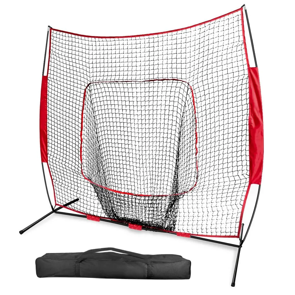 Portable sports training net with black mesh and red accents, designed for baseball and softball practice, positioned with carrying bag in front.