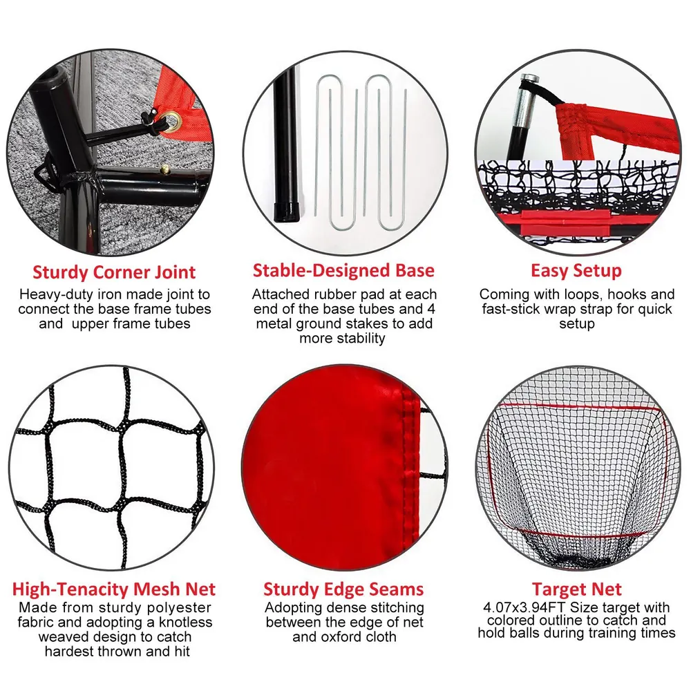 Image showing features of a durable sports training net, highlighting sturdy corner joints, a stable-designed base, easy setup methods, high-tenacity mesh net, strong edge seams, and a target net for effective training.