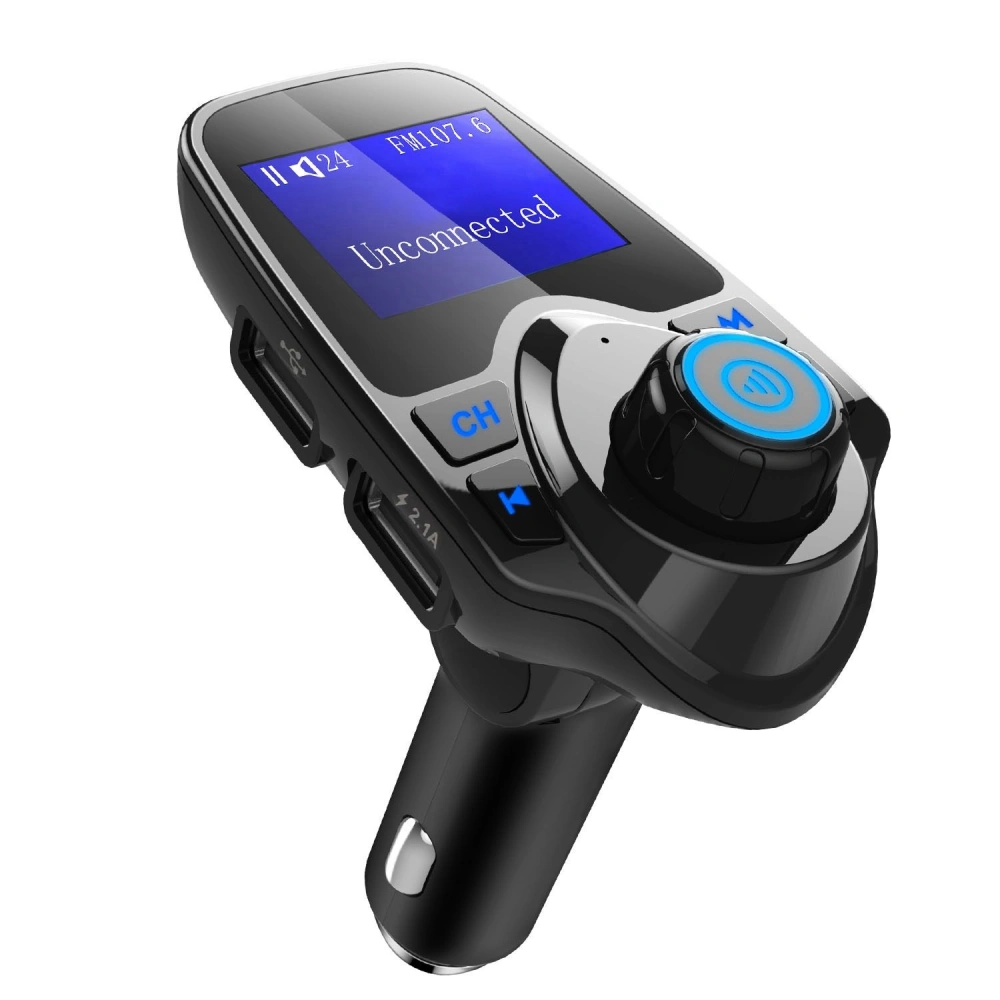 Bluetooth FM transmitter with dual USB ports, LED display for station frequency, and control knob, designed for hassle-free music streaming and smartphone charging in vehicles.