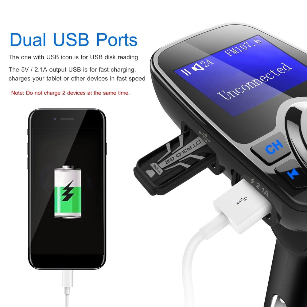 Dual USB car charger with fast charging capability, displaying a phone with battery icon, and an inserted USB drive, providing multifunctional connectivity for devices.