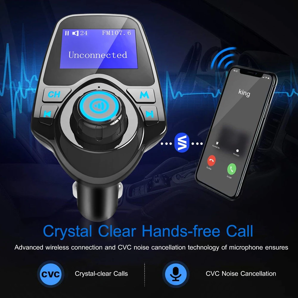 Bluetooth FM transmitter with hands-free calling, featuring an illuminated display, intuitive control knob, and advanced CVC noise cancellation for crystal-clear audio quality in vehicles.