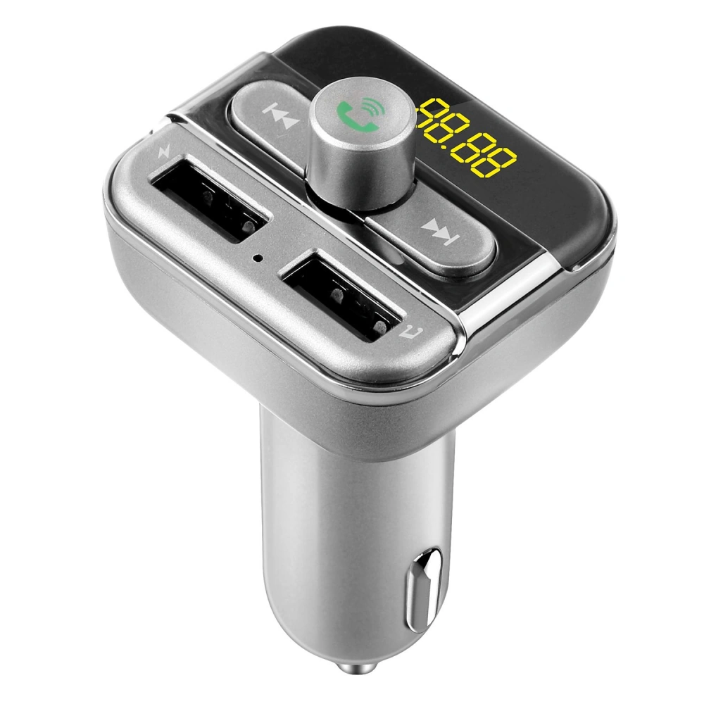 Silver car charger with dual USB ports, Bluetooth function, and digital display for charging devices on the go.