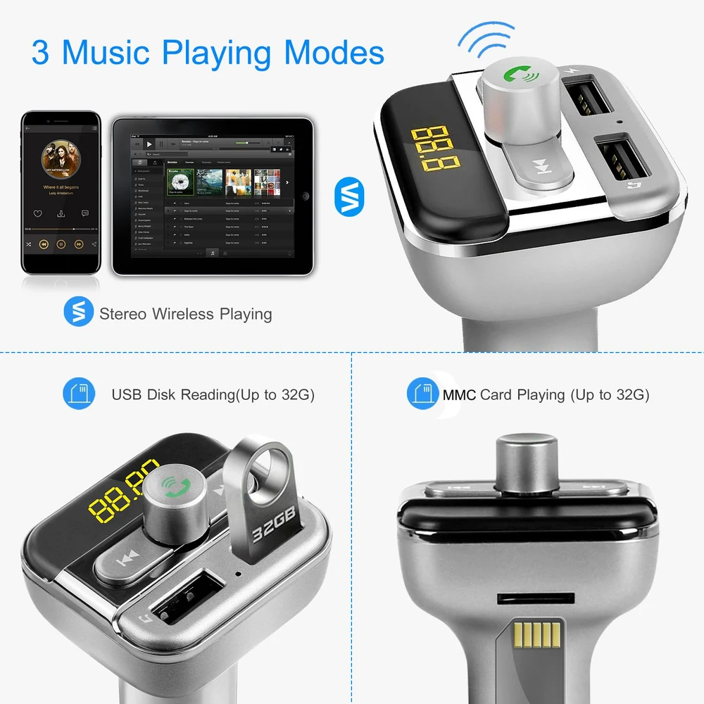 Bluetooth FM transmitter with three music playing modes, featuring USB and MMC card support up to 32GB, and a digital display.