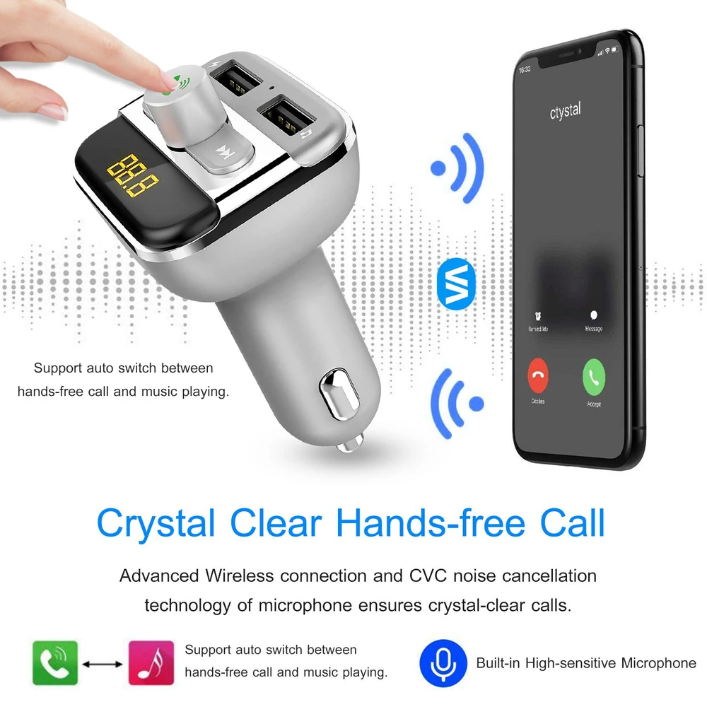 Car charger with dual USB ports, digital display, and hands-free calling feature, showcasing wireless connection and noise cancellation technology for crystal-clear calls.