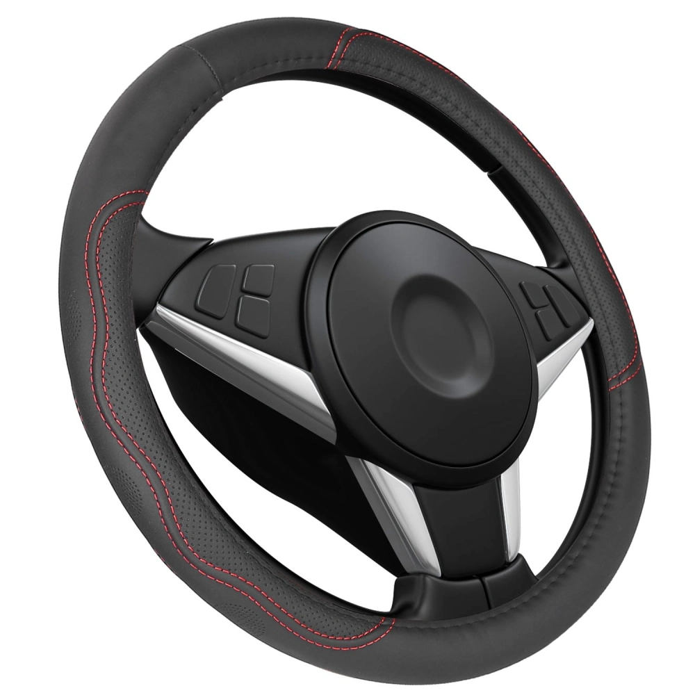 High-quality black leather steering wheel cover with red stitching, designed for enhanced grip and comfort, featuring integrated controls and a sleek, modern look.