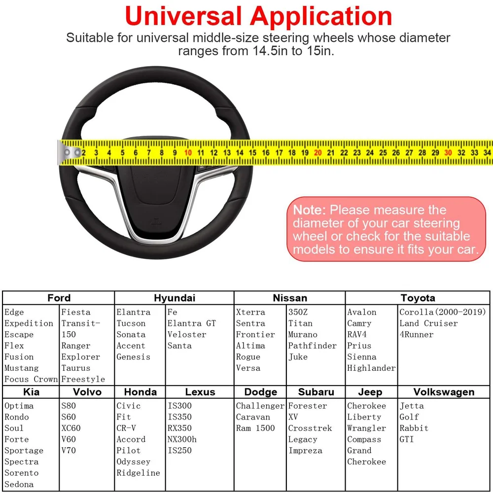 Black steering wheel with chrome accents and a measuring tape across its diameter, illustrating its universal application for car models with steering wheels ranging from 14.5 to 15 inches.