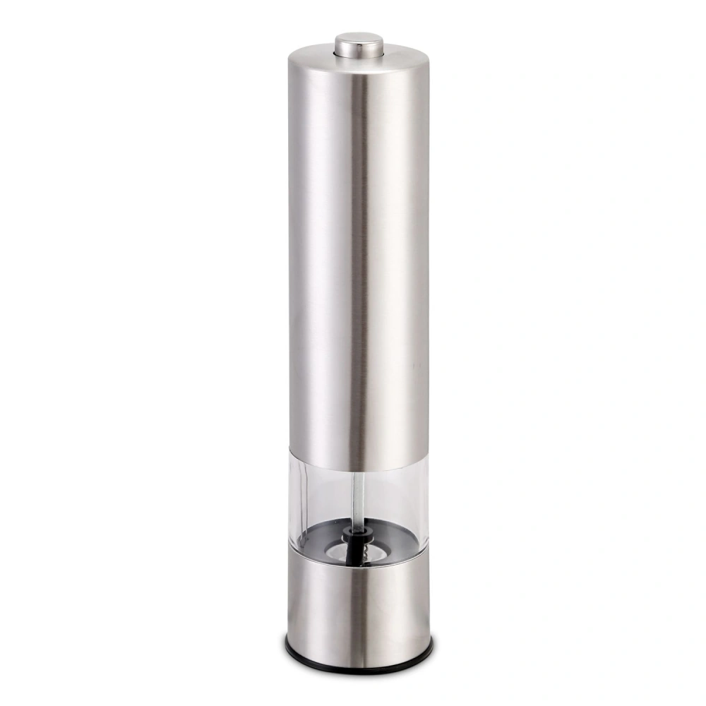 Stylish stainless steel electric salt and pepper grinder with a transparent chamber and easy-to-use top button for grinding spices.
