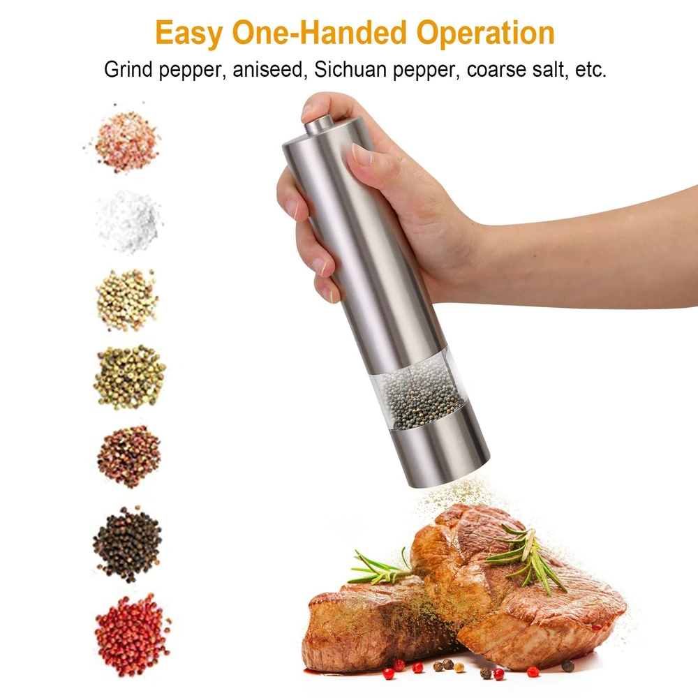 Stainless steel pepper grinder in hand sprinkling various spices over a juicy steak, showcasing easy one-handed operation for grinding pepper, salt, and more.