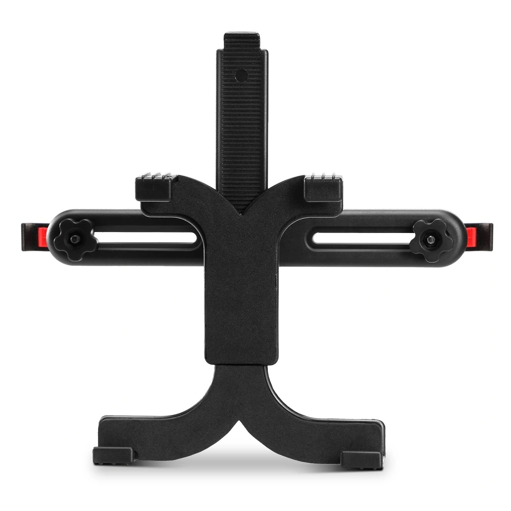 Adjustable black tablet and smartphone stand with non-slip base and locking mechanism for secure positioning