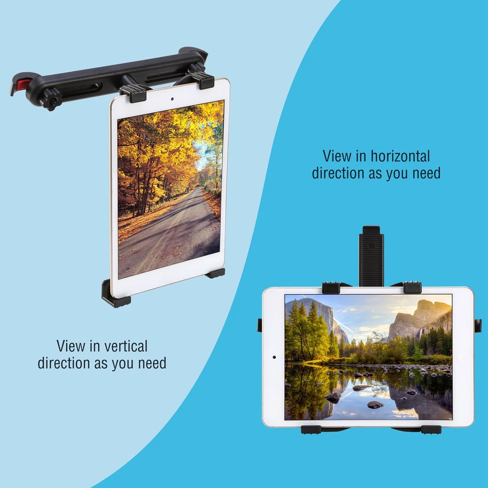 Tablet holder displaying landscape and portrait orientations with autumn and mountain scenery, showcasing versatility for viewing angles.