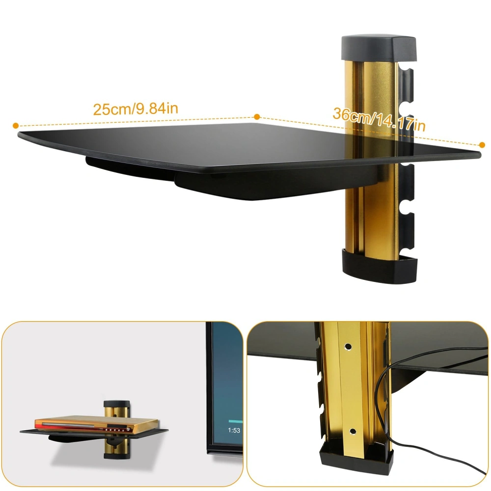 Wall-mounted TV shelf with a sleek black glass surface and a gold accent support, designed for optimal cable management and stylish display of gadgets.