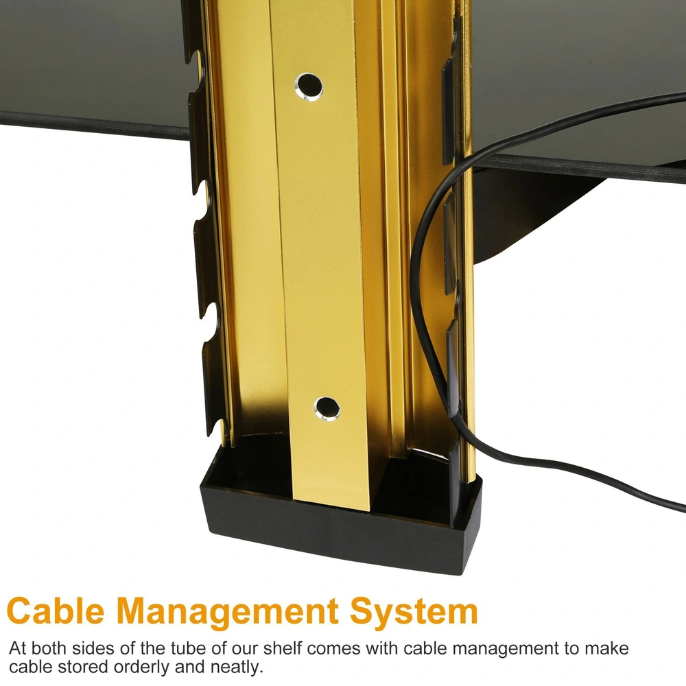 Close-up of a cable management system on a shelf, featuring sleek gold metal supports and organized cables for a tidy appearance.