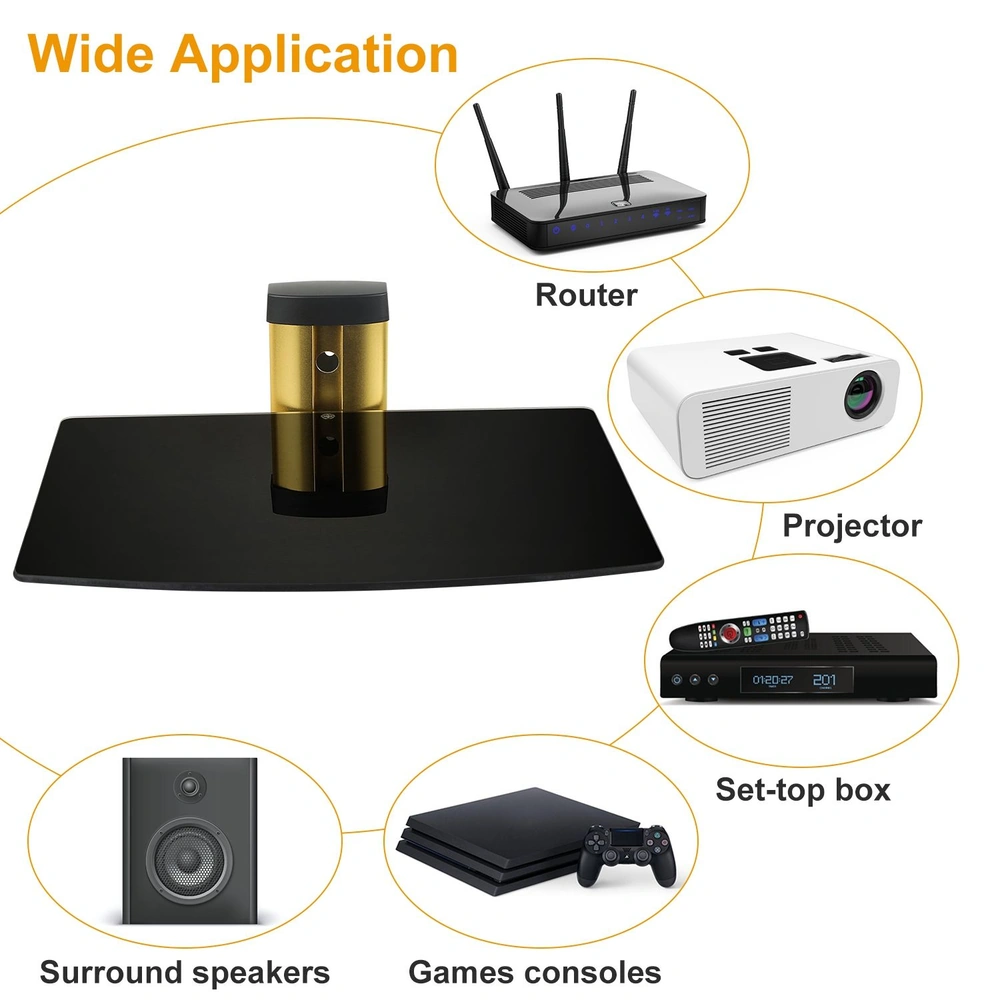 Black glass TV stand with a sleek gold column, showcasing various electronic devices like a router, projector, surround speakers, and a game console for home entertainment setup.