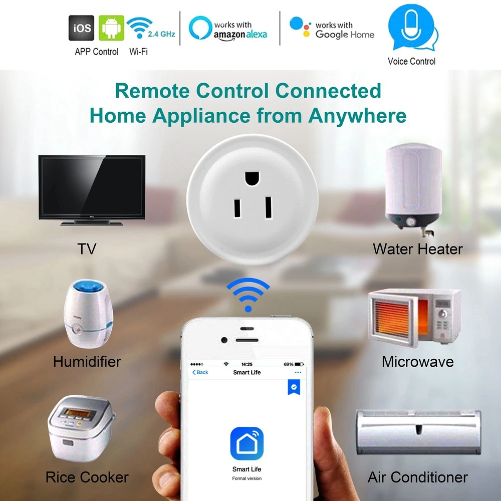 Smart Wi-Fi plug with app control, compatible with Alexa and Google Home, showcased with connected appliances like TV, water heater, humidifier, and microwave in a modern home setting.