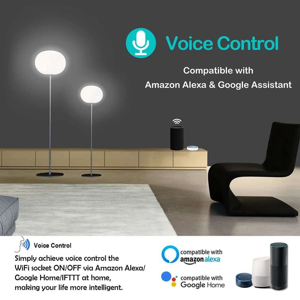 Voice-controlled smart lamp setup in a modern living room, featuring two sleek floor lamps and a WiFi-enabled device compatible with Amazon Alexa and Google Assistant.