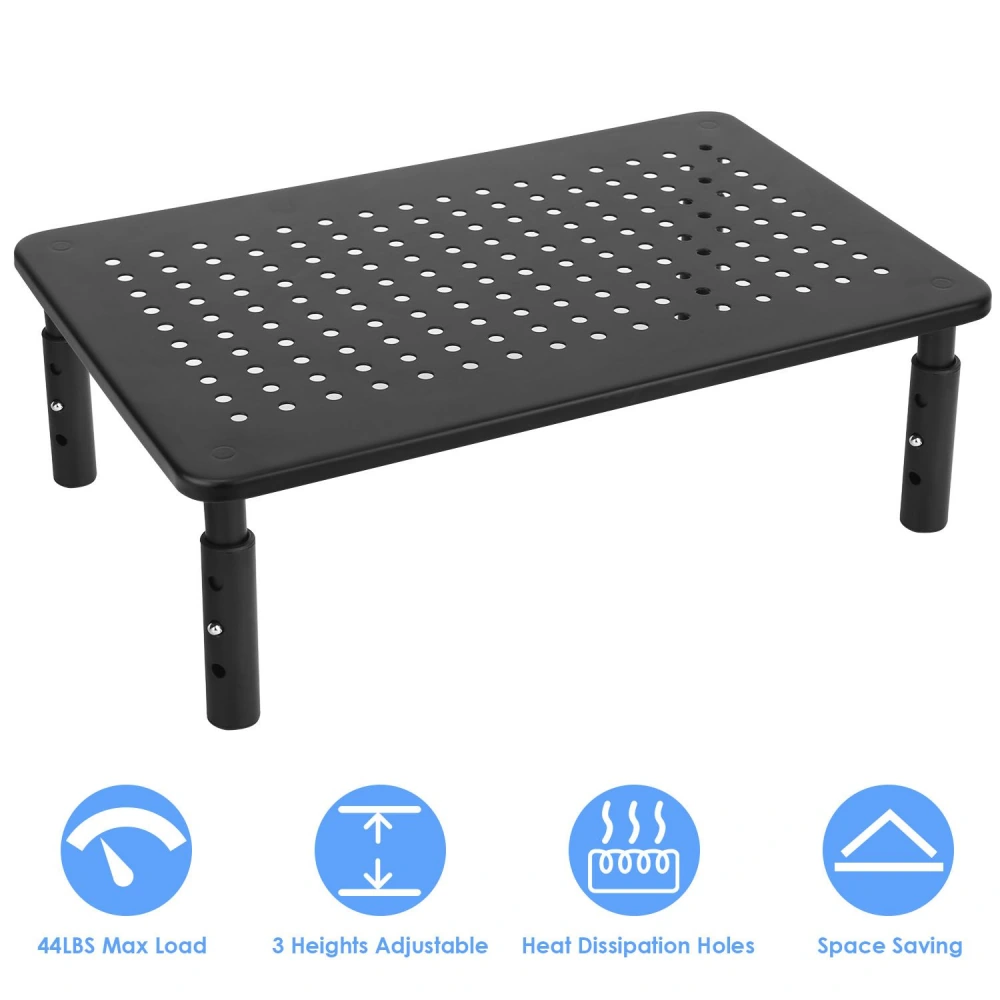 Adjustable black monitor riser with perforated surface for heat dissipation, capable of holding up to 44 pounds, designed for optimal desk organization and space-saving solutions.