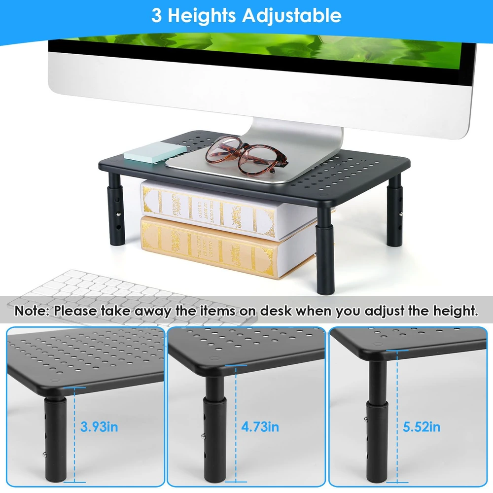 Adjustable monitor stand with three height options, featuring a sleek black design, holding books and glasses, perfect for enhancing ergonomic workspace organization.