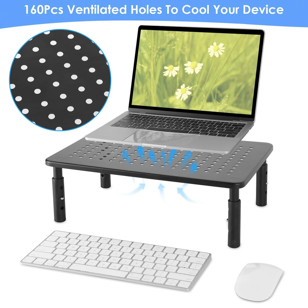 Laptop cooling stand with 160 ventilated holes, featuring a sleek black design, held above a keyboard and mouse, promoting airflow to prevent overheating.