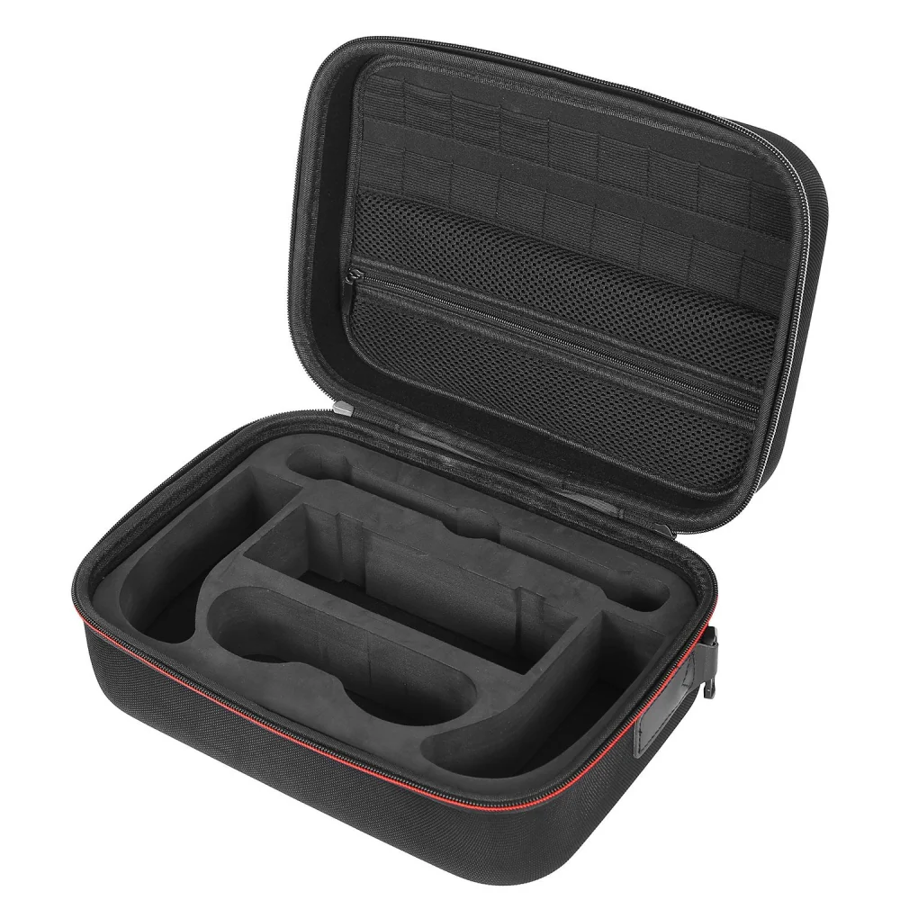 Open black storage case with foam compartments and a zippered mesh pocket, ideal for organizing and protecting electronic devices and accessories.