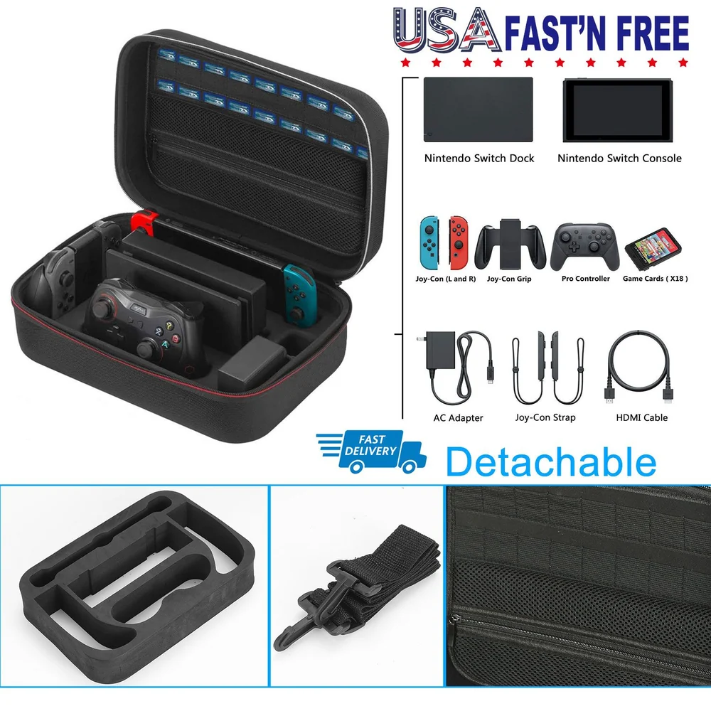 Nintendo Switch carrying case with organized compartments for console, dock, Joy-Con controllers, and accessories, featuring a detachable inner tray and adjustable strap.