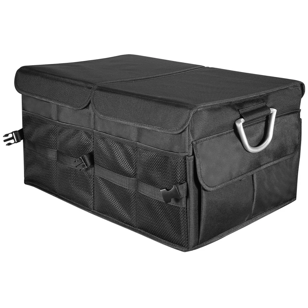 Black storage organizer with multiple mesh pockets and a sturdy handle, perfect for keeping items organized in vehicles or at home.
