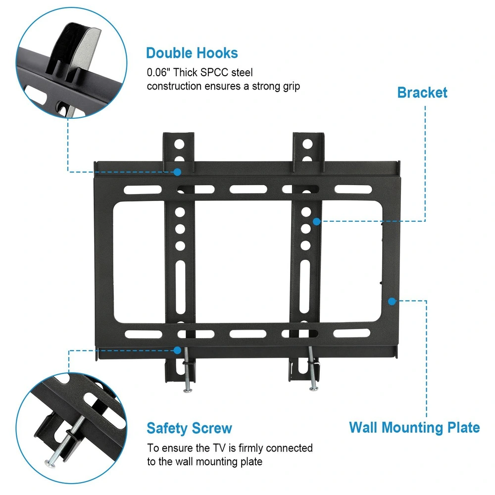 TV wall mount bracket with double hooks, safety screw, and sturdy steel construction for secure mounting and optimized cable management.