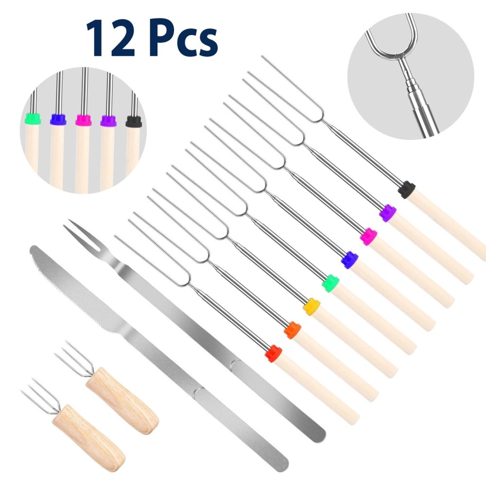 12-piece stainless steel cooking fork set with colorful wooden handles, including two mini forks and a serrated knife.