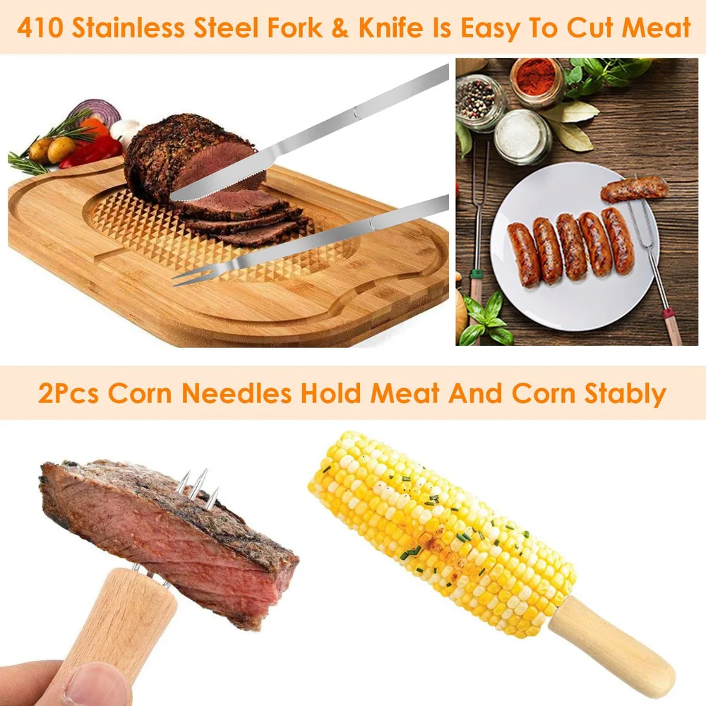 Stainless steel carving fork and knife set with corn needles for stable cutting of meat and corn, featuring a beautifully roasted beef and grilled sausages on a wooden cutting board.