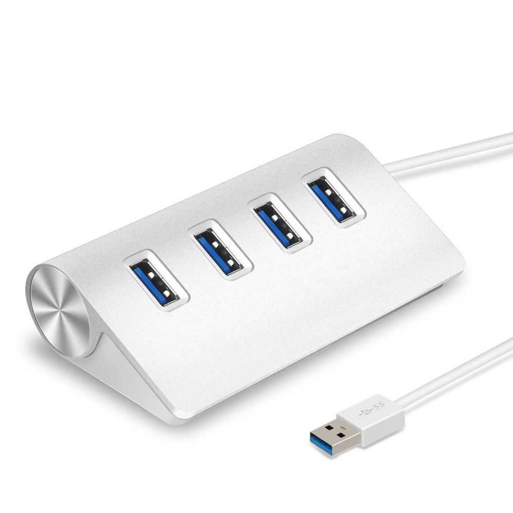USB 3.0 hub with four ports and a sleek, silver design, featuring a connected white USB cable for easy connectivity.
