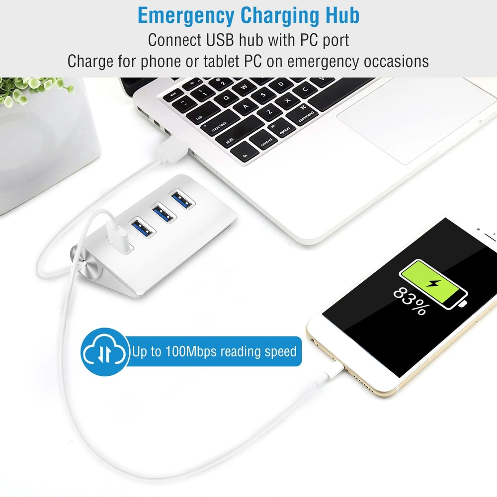 Emergency charging hub for laptops and devices, featuring three USB ports and charging cable, displaying a mobile phone with 83% battery.