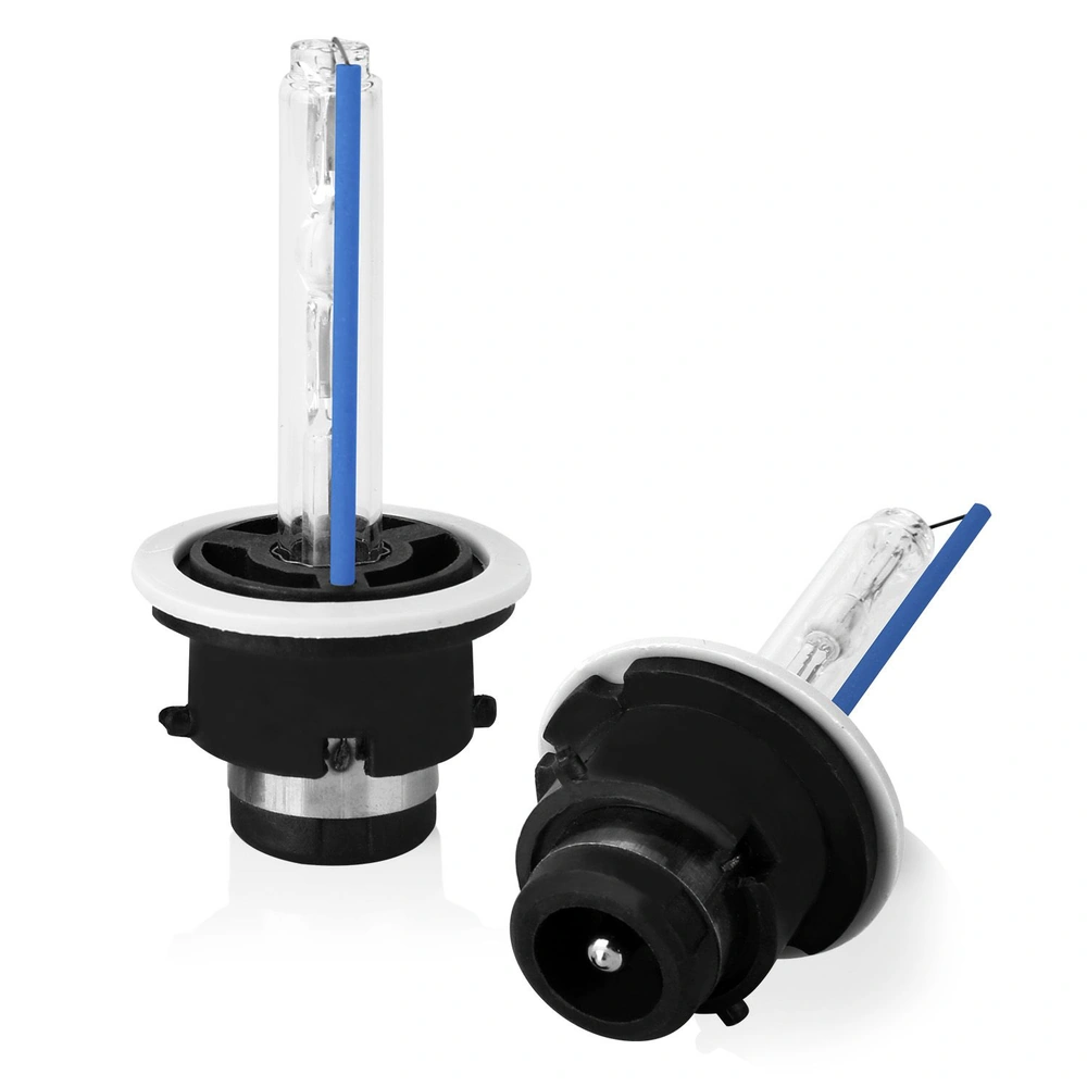 HID headlight bulbs with clear glass and blue accents, featuring a black base for easy installation and improved visibility.