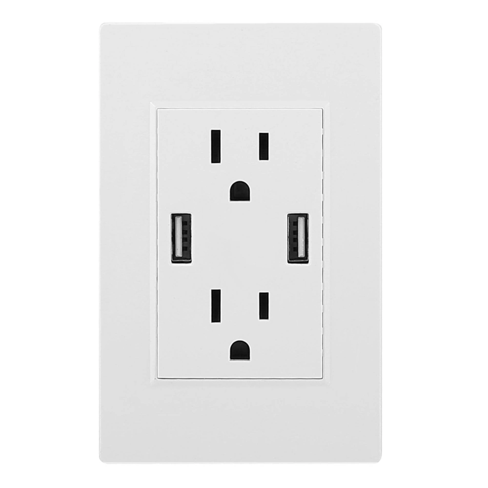 White wall outlet with dual USB ports and two electrical sockets, designed for convenient charging and power access.