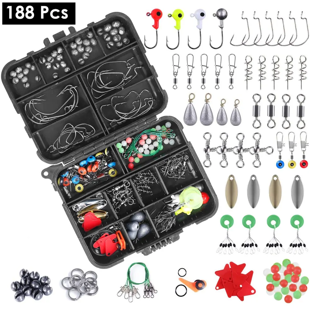 Fishing tackle box containing 188 pieces of assorted fishing gear, including hooks, weights, swivels, and lures, organized in a durable black plastic case.