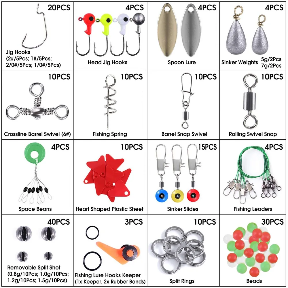 Fishing accessories kit featuring various items including jig hooks, swivels, sinker weights, lures, and beads, ideal for anglers looking to enhance their fishing experience.