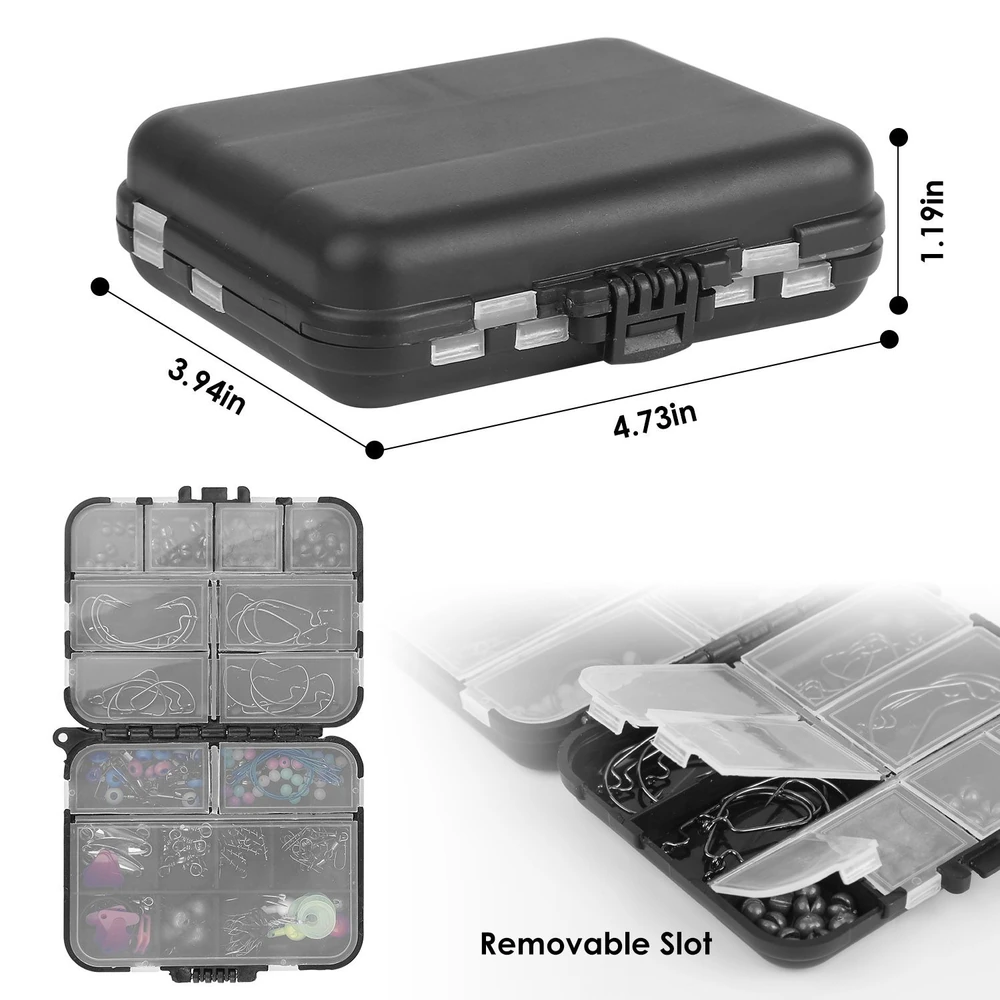 Compact black fishing tackle box with removable slots, measuring 4.73 inches by 3.94 inches, ideal for organizing lures and hooks.