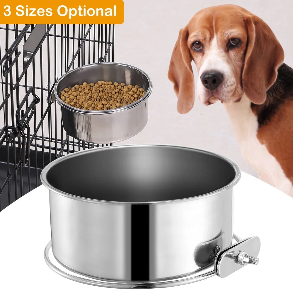 Stainless steel dog food bowl mounted on a pet cage, with another bowl filled with kibble visible above it; available in three sizes.