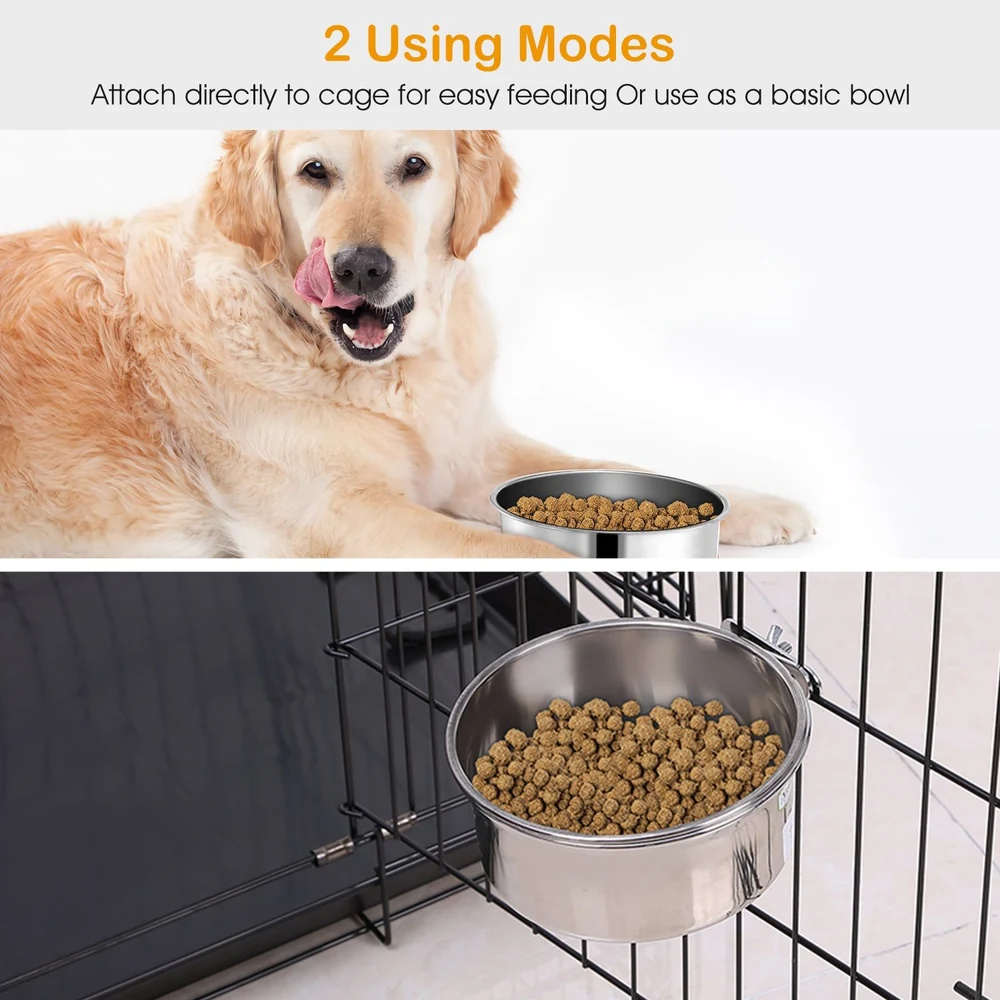 Stainless steel dog food bowl with two attachment modes displayed; one mode shows the bowl sitting on the floor while the other is securely attached to a pet crate for convenient feeding.