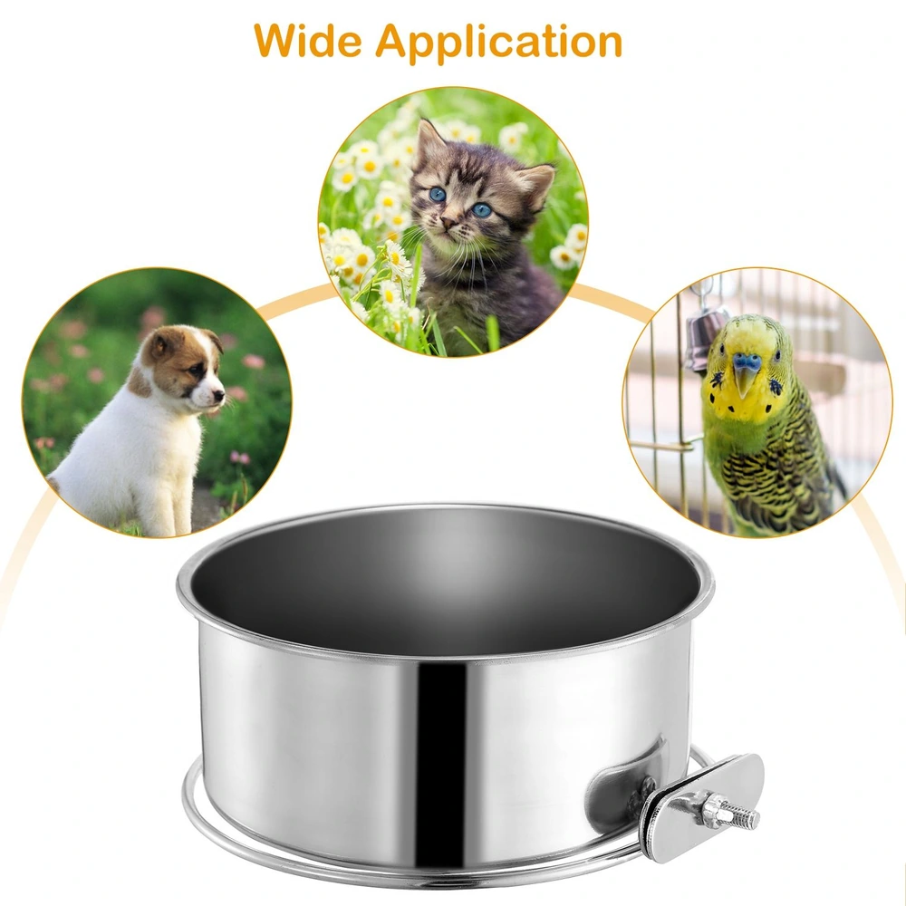 Stainless steel pet food bowl with a wide application for dogs, cats, and birds, featuring images of a puppy, kitten, and budgie.