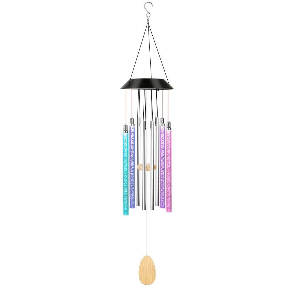 Colorful outdoor wind chimes with a black metal dome top, featuring metallic and translucent shimmering tubes in blue, purple, and pink, accompanied by a wooden clapper at the bottom.