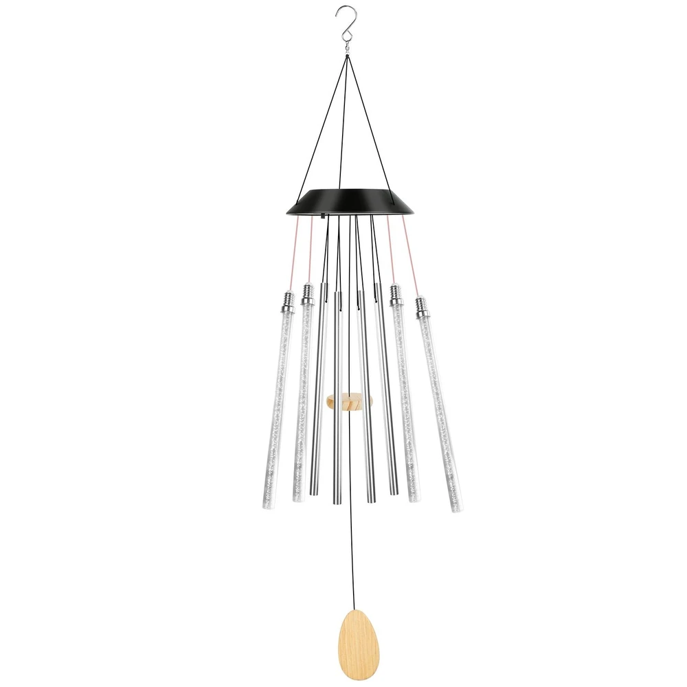 Stylish black metal wind chime with six aluminum tubes and a wooden striker, perfect for outdoor decor.