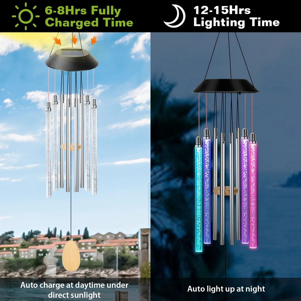 Colorful solar-powered wind chime with LED lights, showcasing charging time of 6-8 hours for 12-15 hours of nighttime illumination, set against a scenic outdoor backdrop.
