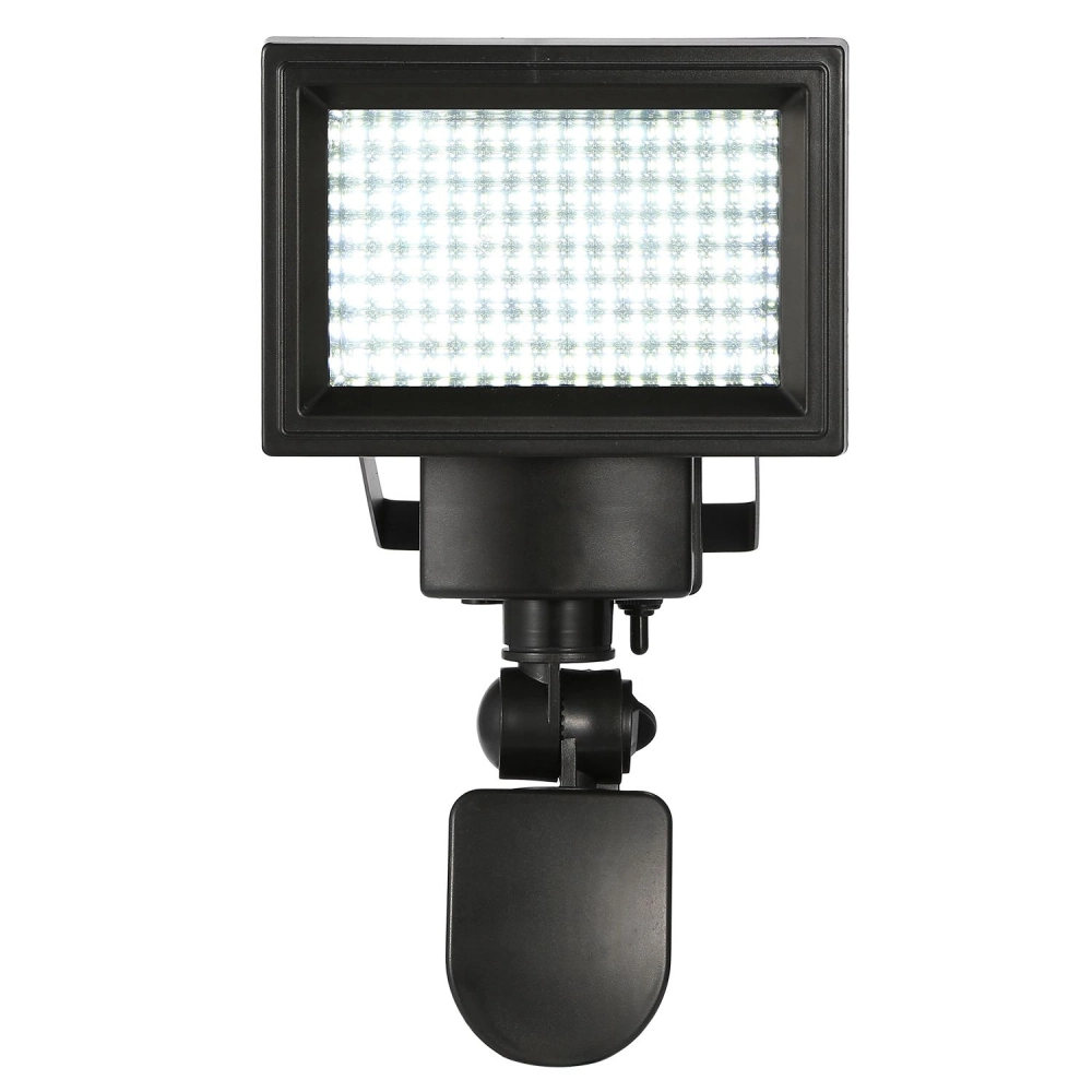 Black LED floodlight with adjustable mount, designed for outdoor and indoor use, providing bright illumination for security and landscaping.
