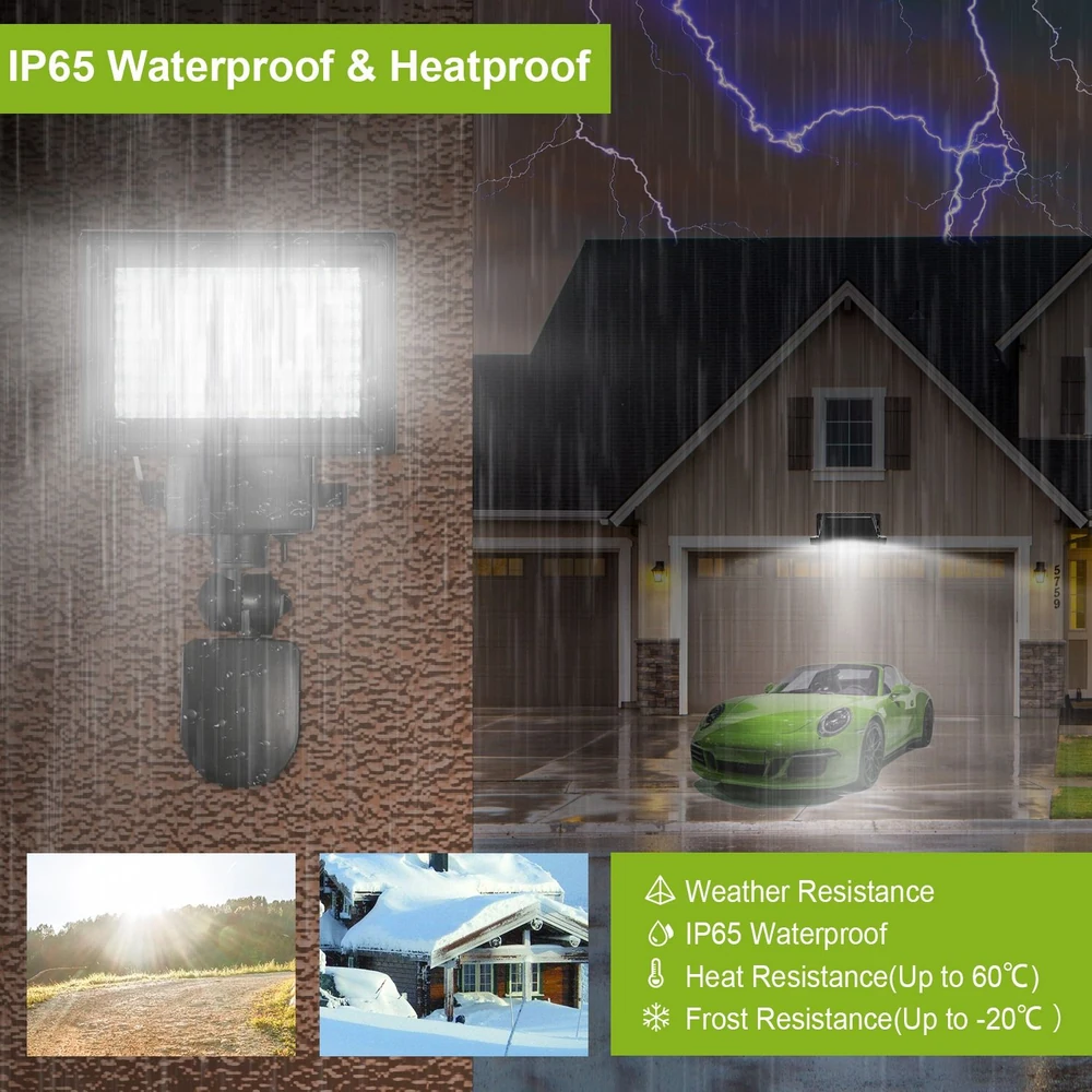 LED security floodlight with IP65 waterproof and heatproof rating, showcased in a rainy outdoor setting next to a house and a green sports car.