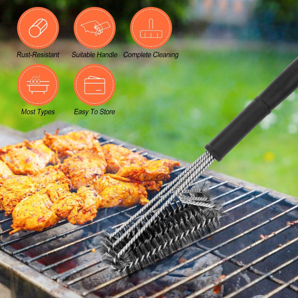 Grill brush with durable, rust-resistant bristles cleaning barbecue grill grates, surrounded by grilled chicken pieces and icons highlighting features like easy storage and complete cleaning.